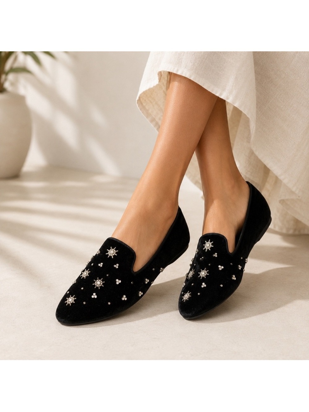 Birdies The Starling Black Velvet Starry Night Crystal Embellished Loafers